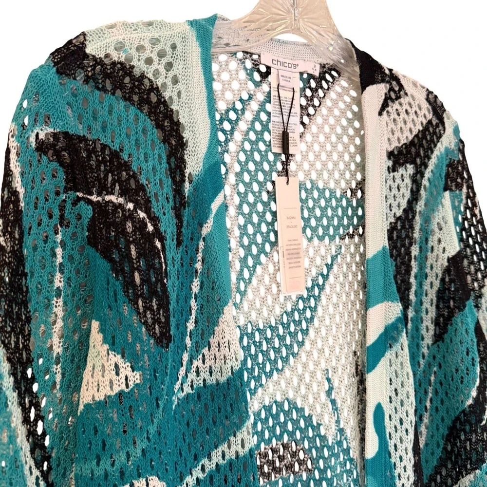 Chicos Palms‎ Mesh Cardigan Sweater Women's Large Teal Tropical Resortwear Boho - Picture 6 of 14